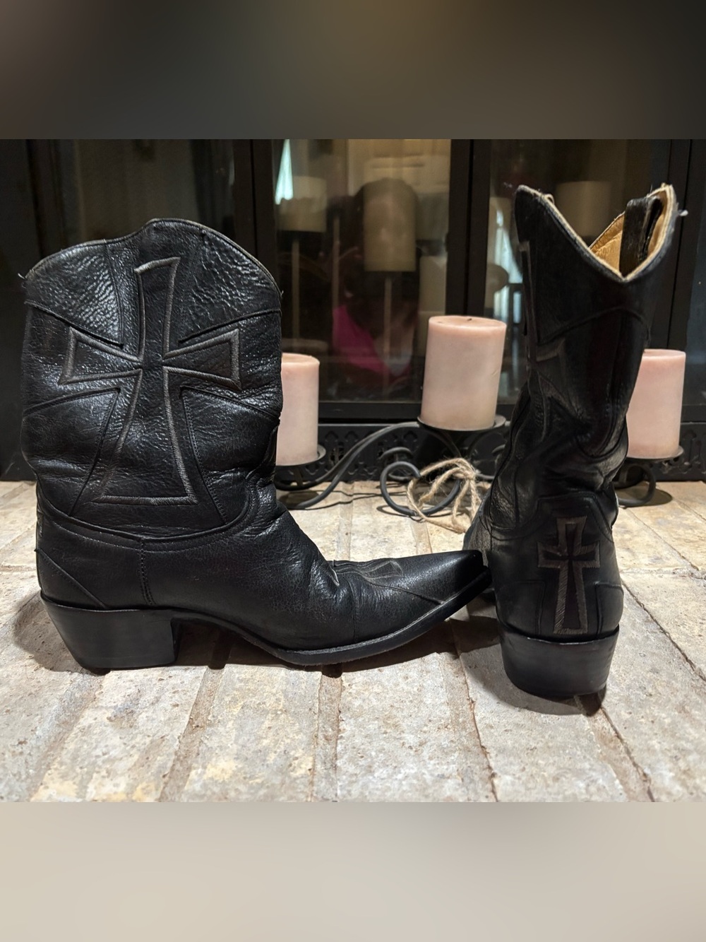 🖤Old Gringo Vintage Black Leather Cross Western Mid-calf Boots, Snip Toe, Size 7 - Picture 7 of 10